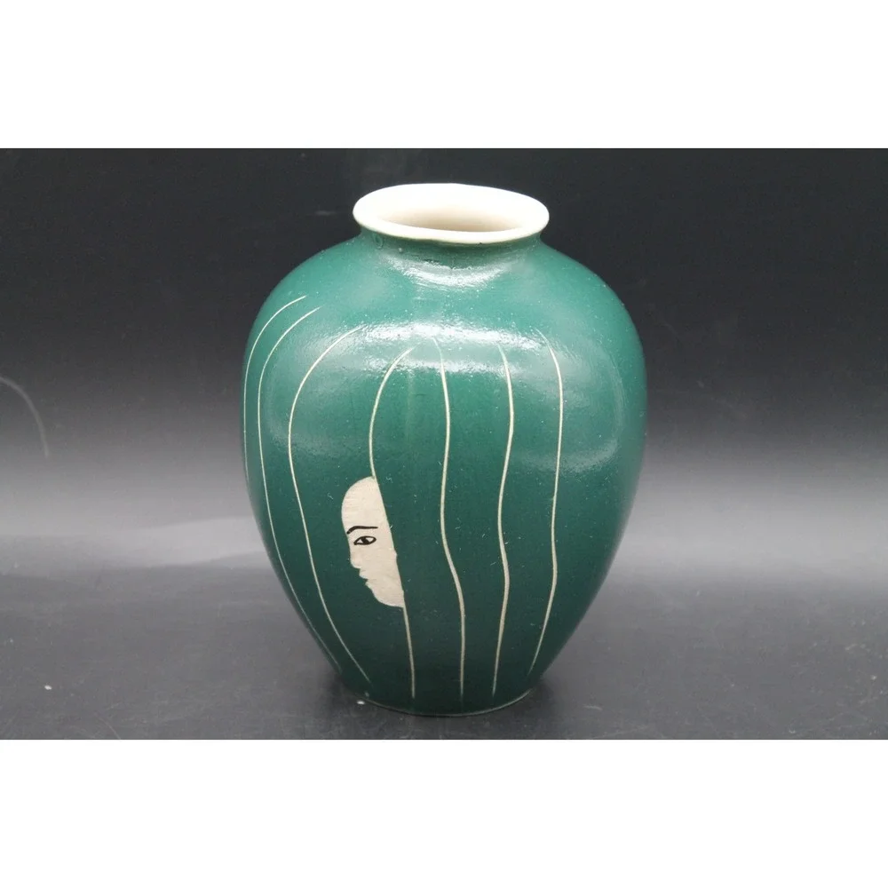 Vintage Waylande Gregory Sgraffito Art Pottery Vase Green Figural Face MCM